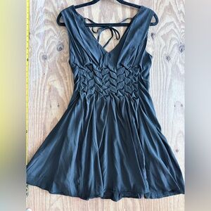 Mustard Seed Black Smocked Waist V-Neck Mini Dress